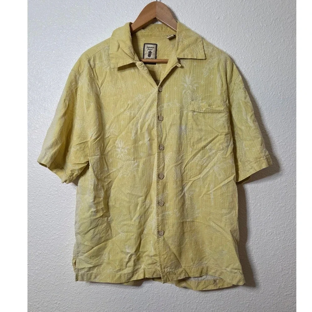 Vintage Silk Tropical Jacquard Yellow Pineapple Resort Hawaiian Button Up Medium